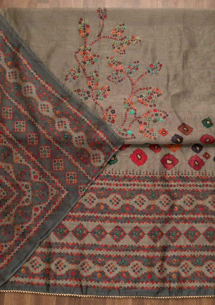 Light Grey Threadwork Chanderi Unstitched Salwar Suit-Koskii