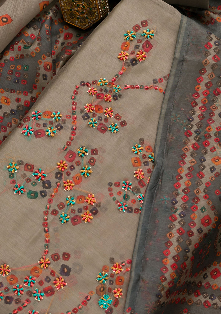 Light Grey Threadwork Chanderi Unstitched Salwar Suit-Koskii