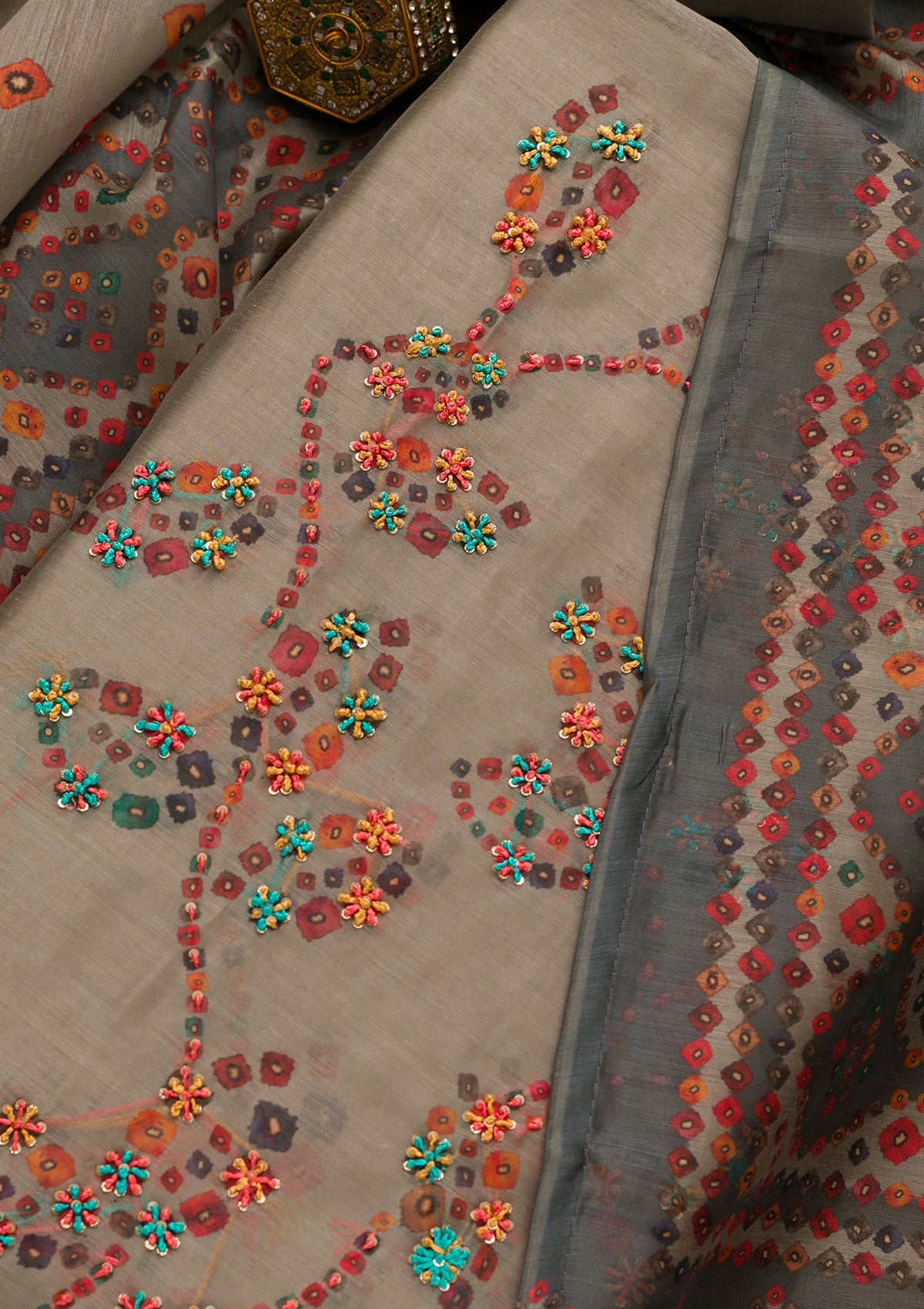 Light Grey Threadwork Chanderi Unstitched Salwar Suit