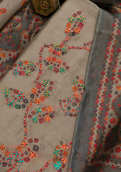 Light Grey Threadwork Chanderi Unstitched Salwar Suit