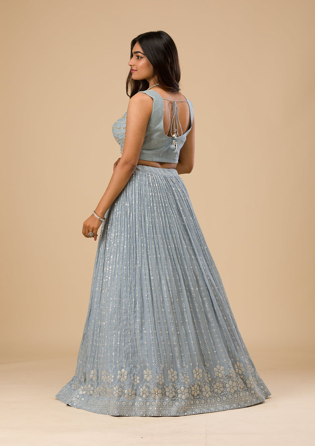 Light Grey Threadwork Georgette Readymade Lehenga-Koskii