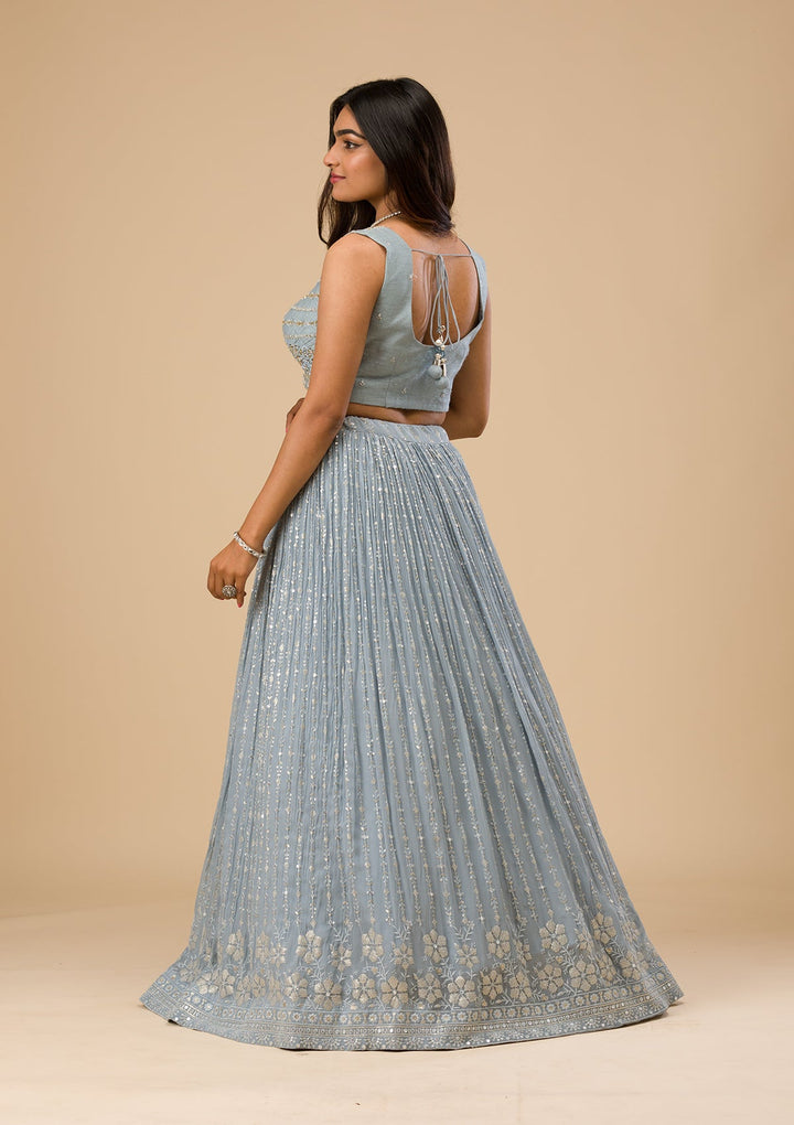 Light Grey Threadwork Georgette Readymade Lehenga-Koskii