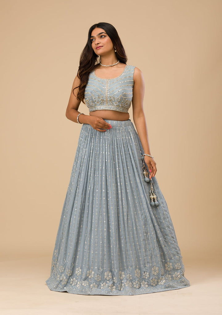 Light Grey Threadwork Georgette Readymade Lehenga-Koskii