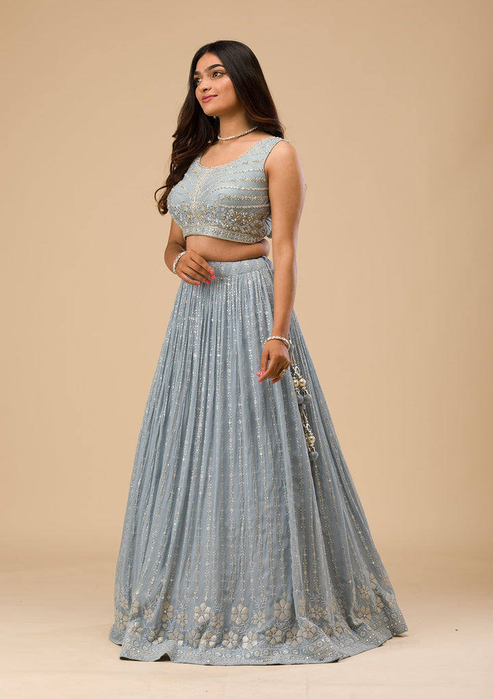 Light Grey Threadwork Georgette Readymade Lehenga-Koskii