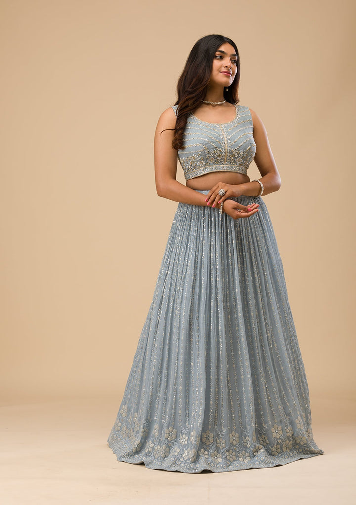 Light Grey Threadwork Georgette Readymade Lehenga-Koskii