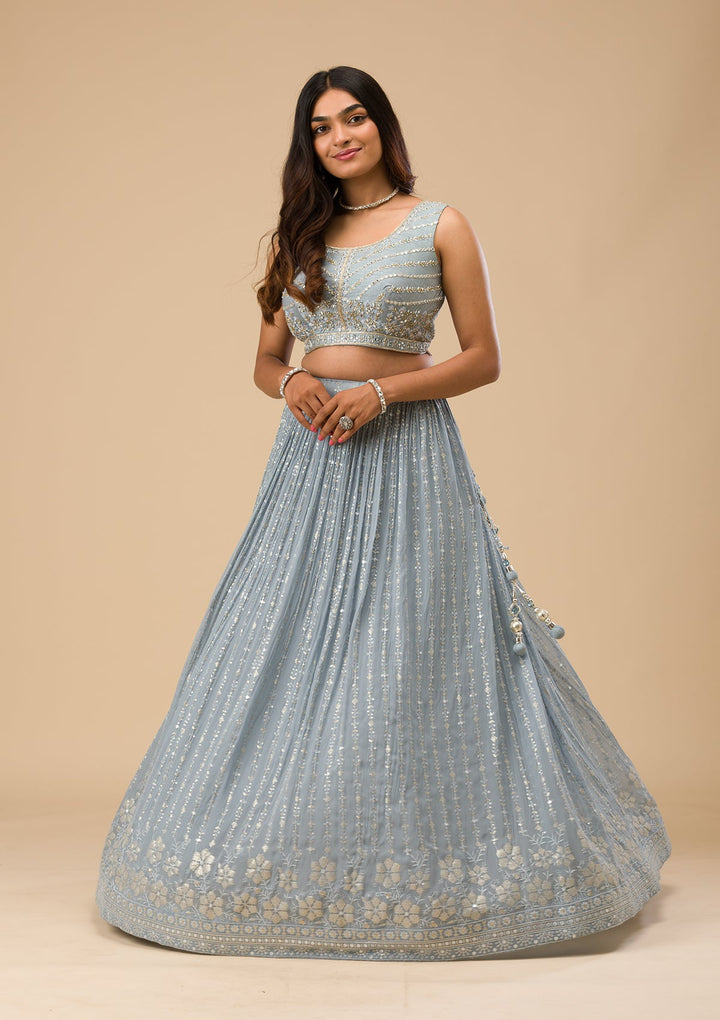 Light Grey Threadwork Georgette Readymade Lehenga-Koskii