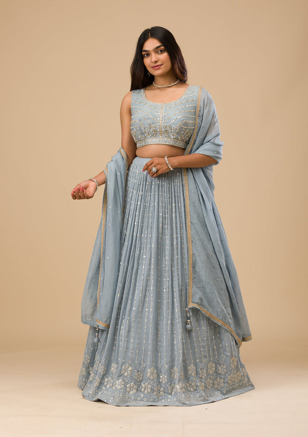 Light Grey Threadwork Georgette Readymade Lehenga-Koskii