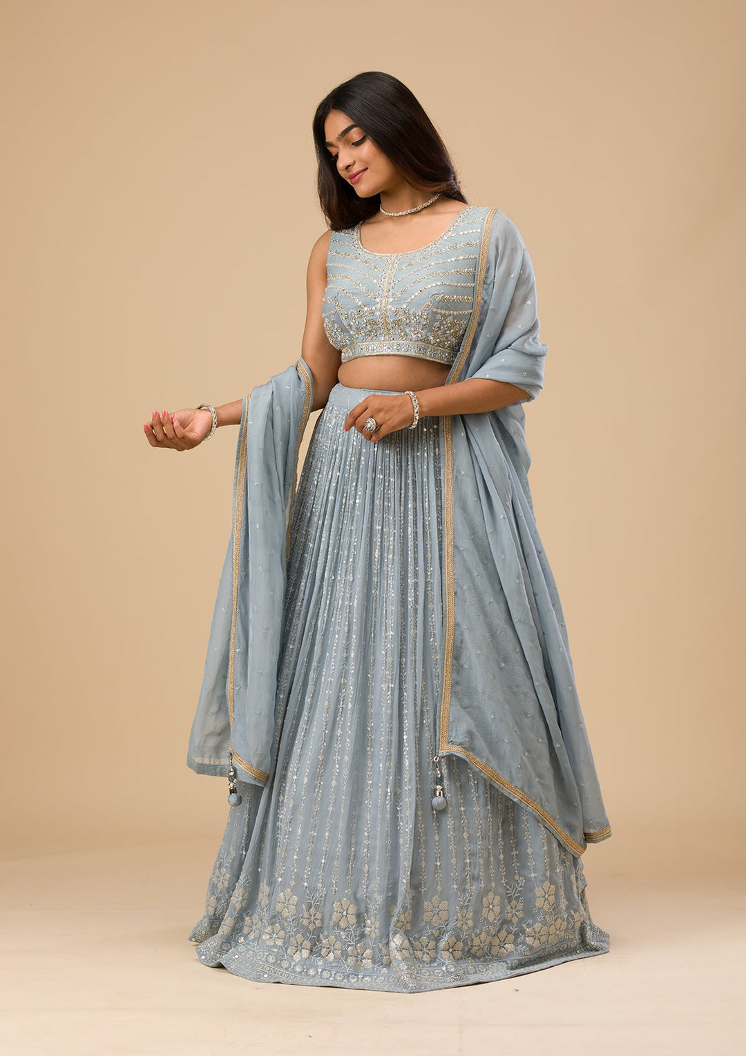 Light Grey Threadwork Georgette Readymade Lehenga-Koskii