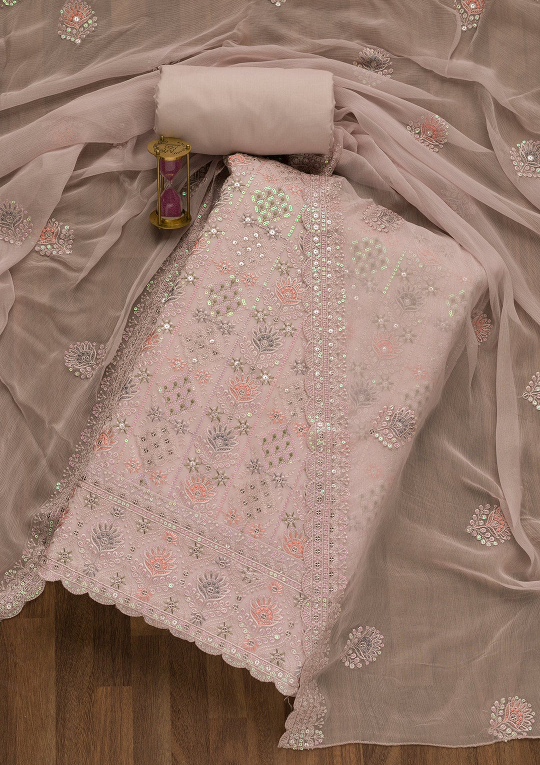 Light Grey Threadwork Georgette Unstitched Salwar Kameez-Koskii