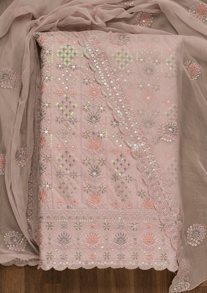 Light Grey Threadwork Georgette Unstitched Salwar Kameez-Koskii