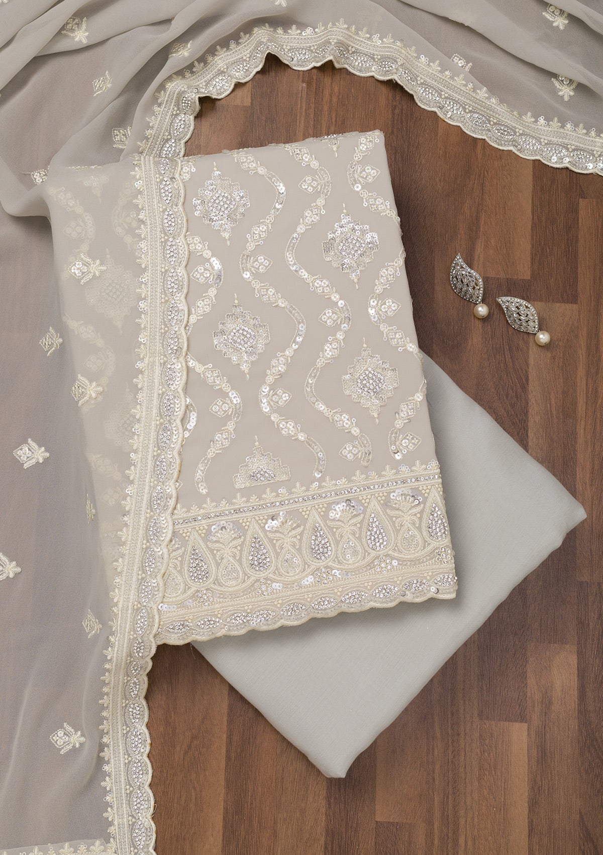 Light Grey Threadwork Georgette Unstitched Salwar Suit-Koskii