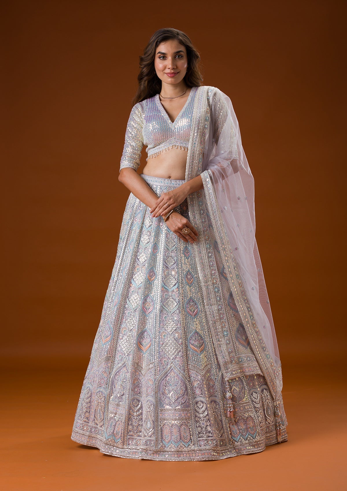 Light Grey Threadwork Net Readymade Lehenga-Koskii