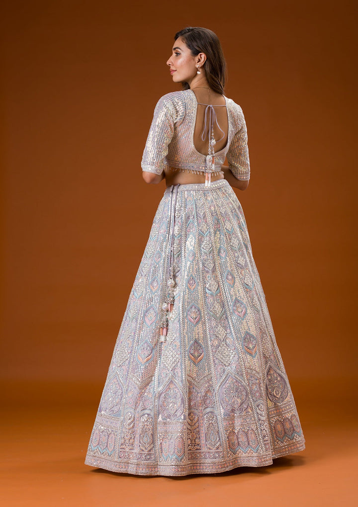 Light Grey Threadwork Net Readymade Lehenga-Koskii