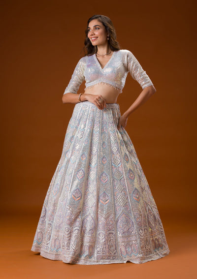 Light Grey Threadwork Net Readymade Lehenga-Koskii