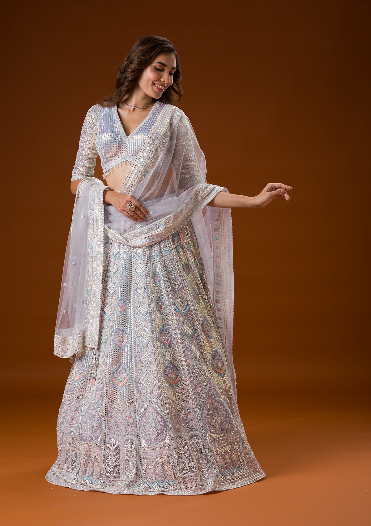 Light Grey Threadwork Net Readymade Lehenga-Koskii