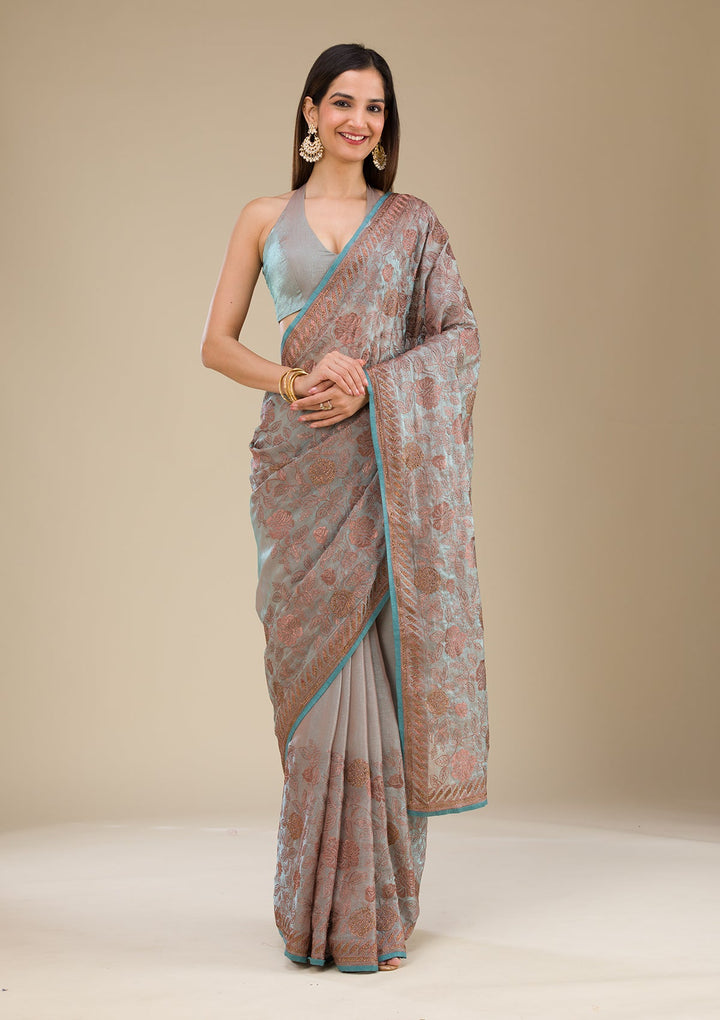 Light Grey Threadwork Raw Silk Saree-Koskii
