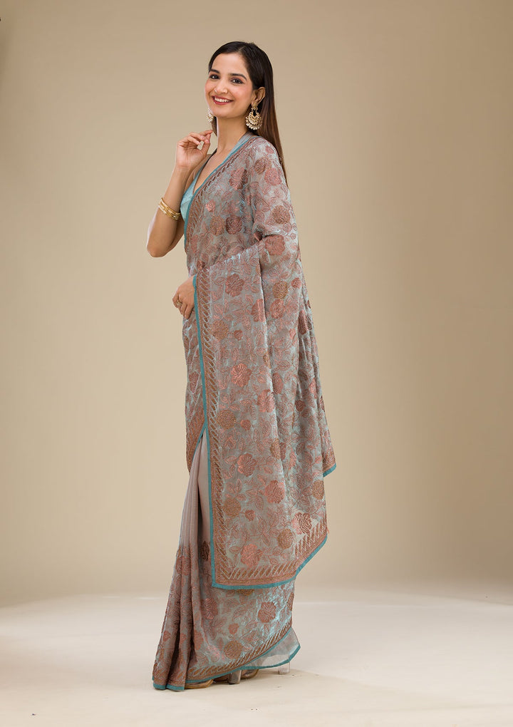 Light Grey Threadwork Raw Silk Saree-Koskii
