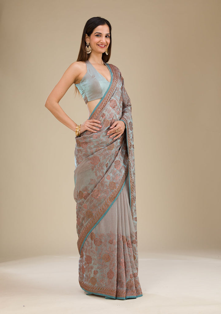 Light Grey Threadwork Raw Silk Saree-Koskii