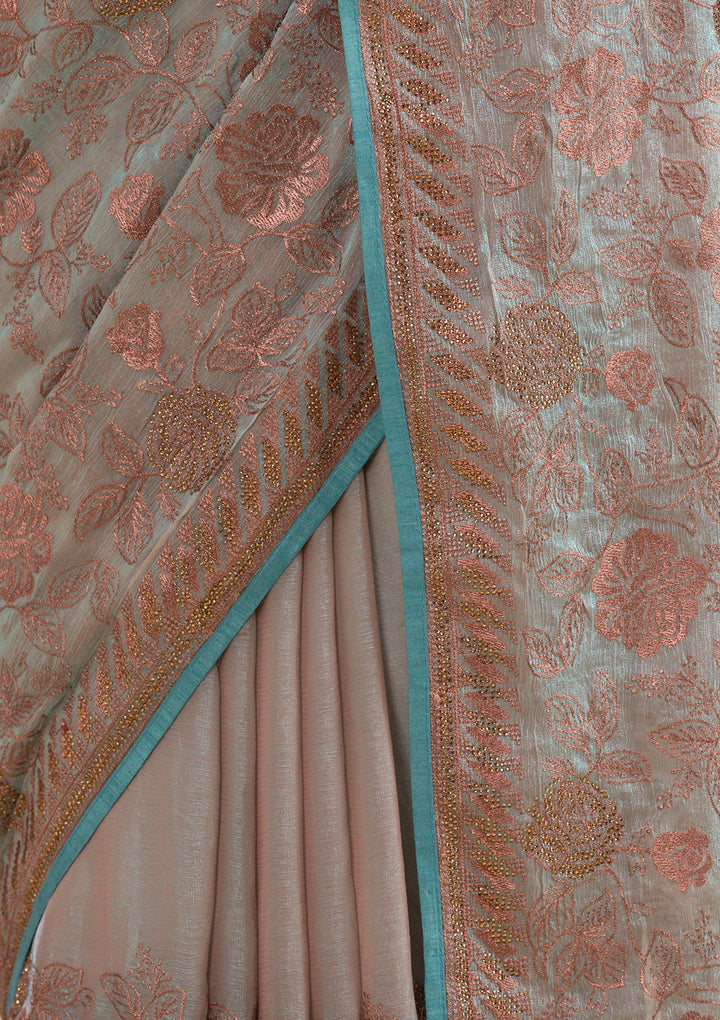 Light Grey Threadwork Raw Silk Saree-Koskii