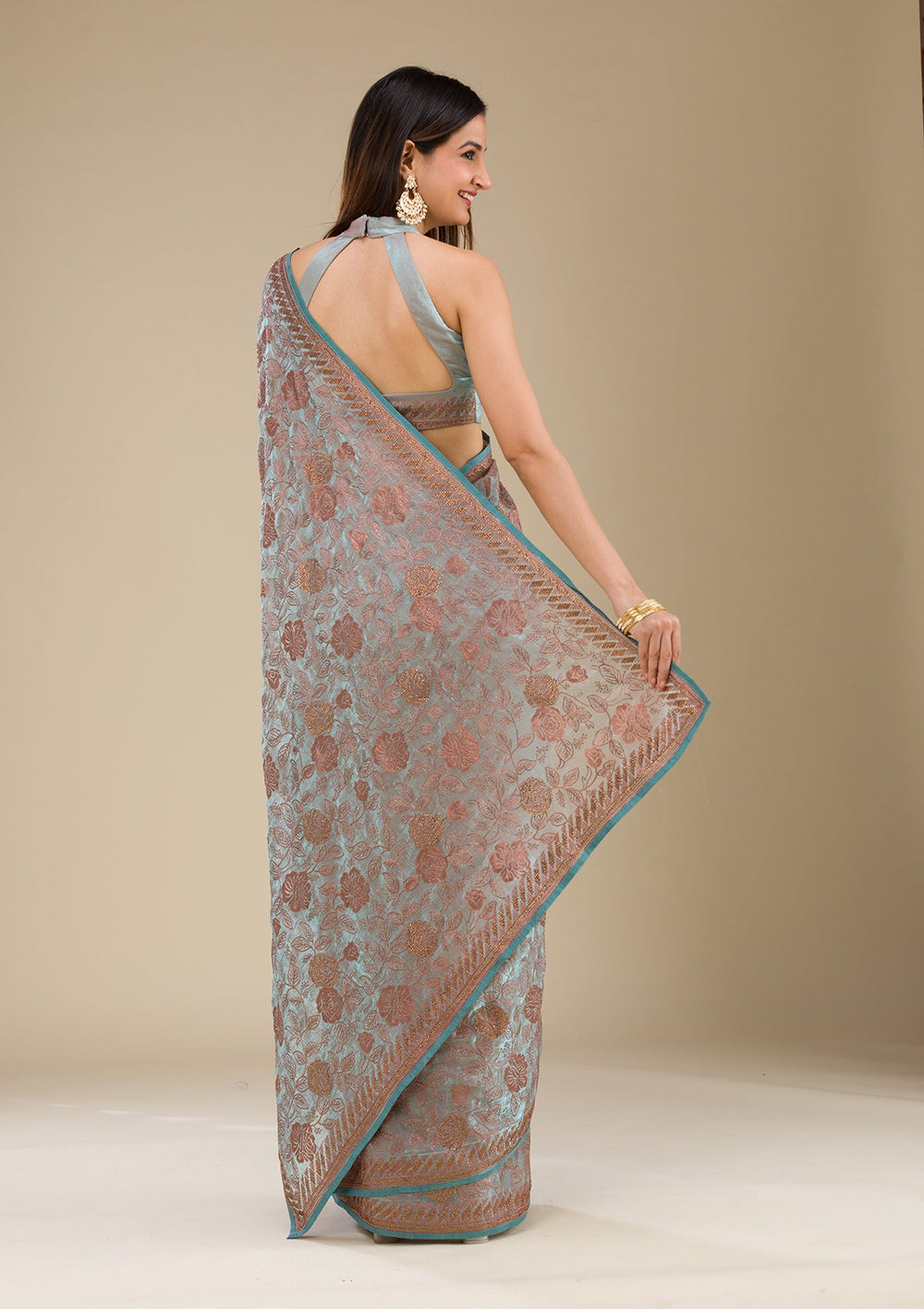 Light Grey Threadwork Raw Silk Saree-Koskii