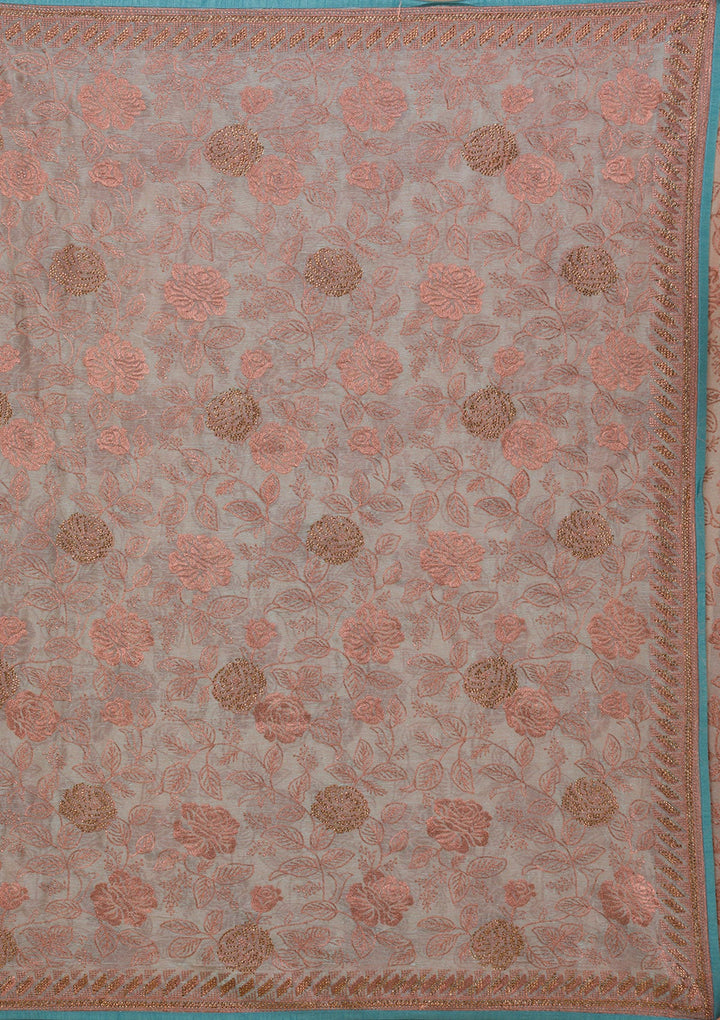 Light Grey Threadwork Raw Silk Saree-Koskii