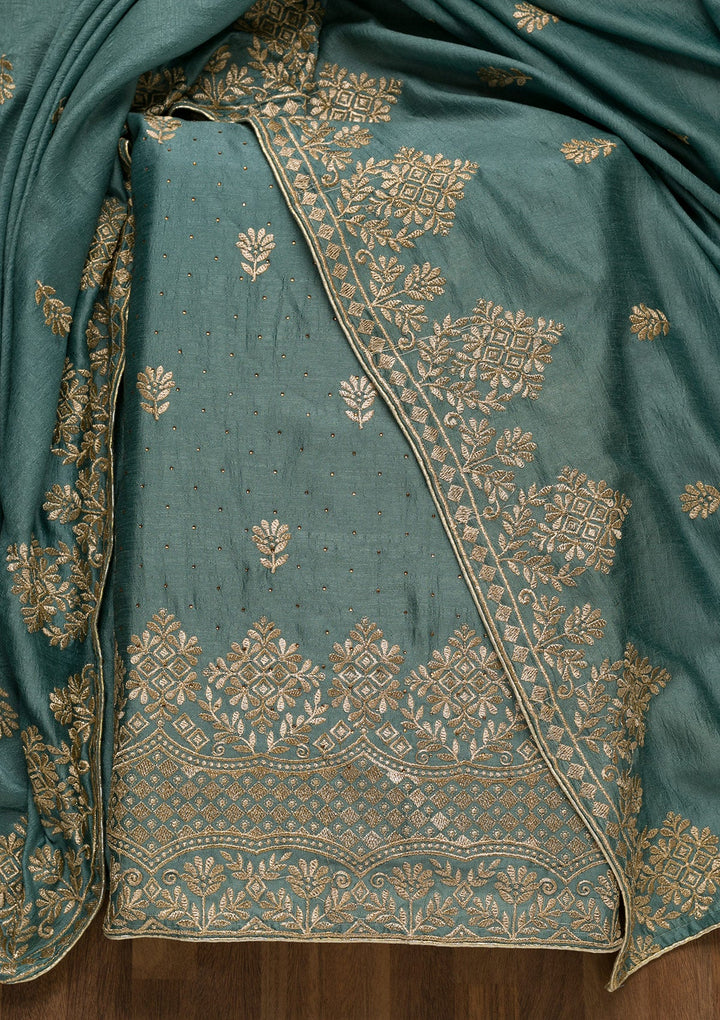 Light Grey Zariwork Art Silk Unstitched Salwar Kameez-Koskii