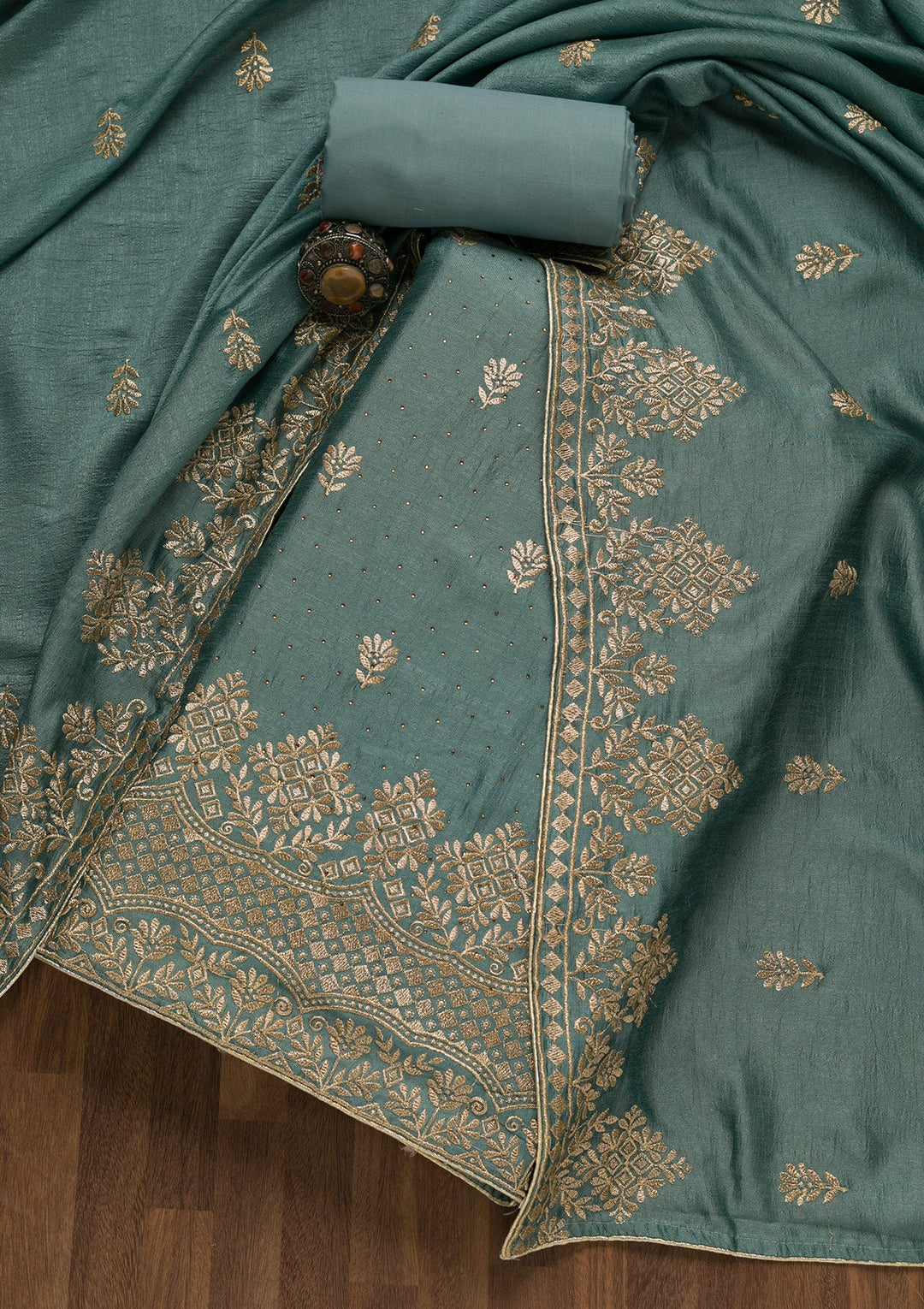Light Grey Zariwork Art Silk Unstitched Salwar Kameez-Koskii