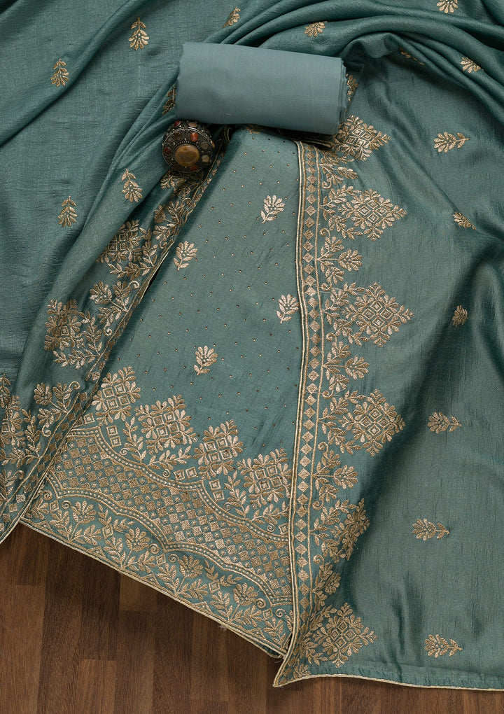 Light Grey Zariwork Art Silk Unstitched Salwar Kameez-Koskii