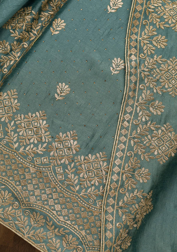 Light Grey Zariwork Art Silk Unstitched Salwar Kameez-Koskii