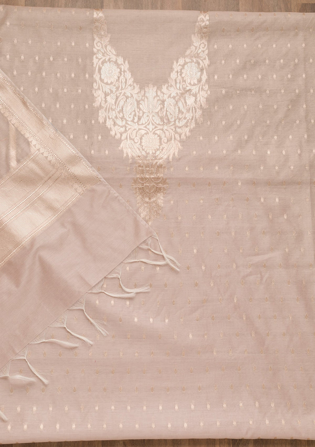 Light Grey Zariwork Banarasi Unstitched Salwar Suit-Koskii
