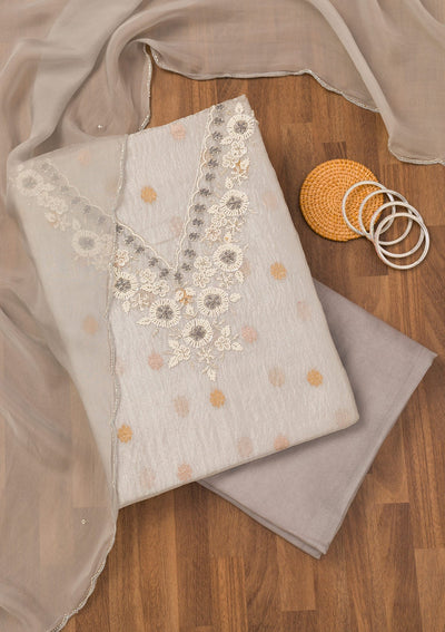 Light Grey Zariwork Organza Unstitched Salwar Suit-Koskii