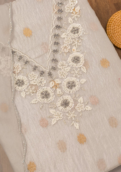 Light Grey Zariwork Organza Unstitched Salwar Suit-Koskii