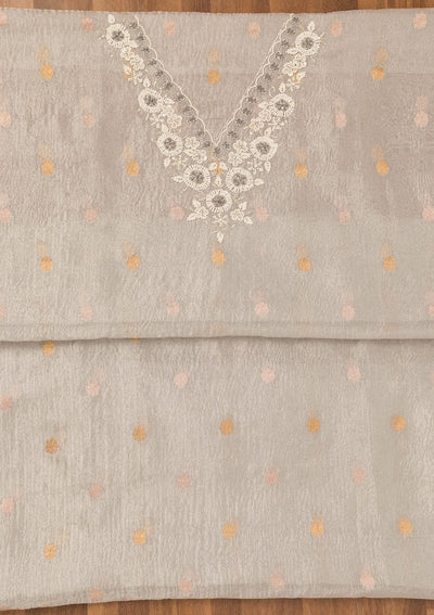 Light Grey Zariwork Organza Unstitched Salwar Suit-Koskii