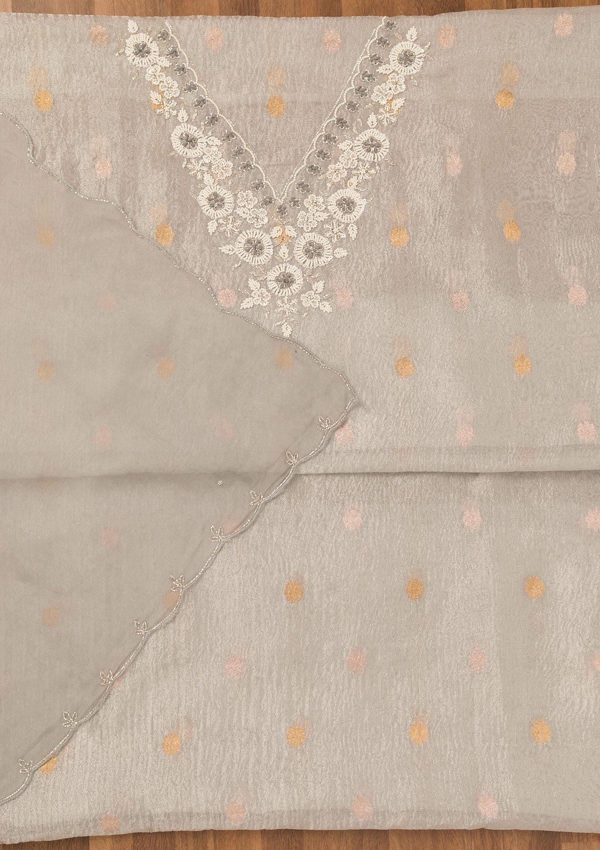 Light Grey Zariwork Organza Unstitched Salwar Suit-Koskii