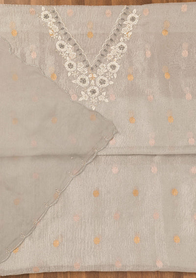 Light Grey Zariwork Organza Unstitched Salwar Suit-Koskii