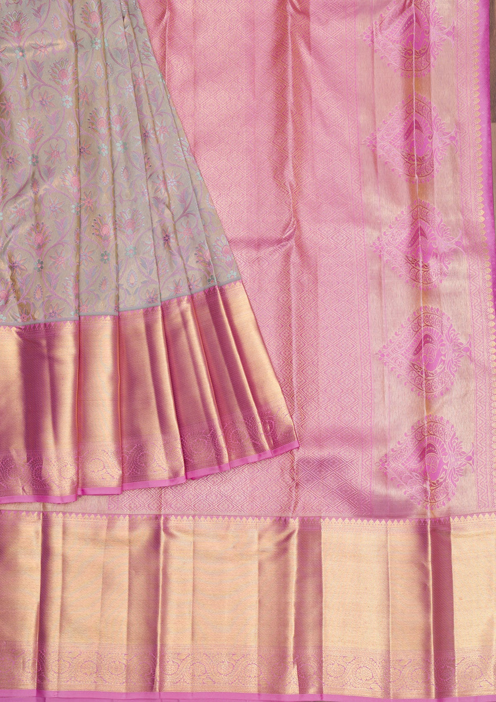 Light Grey Gold Zariwork Pure Silk Saree - Koskii