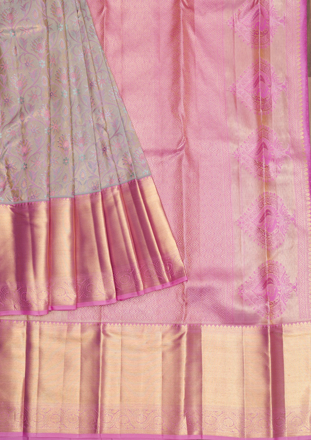 Light Grey Gold Zariwork Pure Silk Saree - Koskii