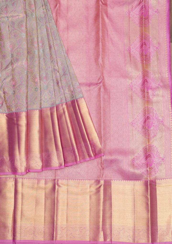 Light Grey Gold Zariwork Pure Silk Saree - Koskii