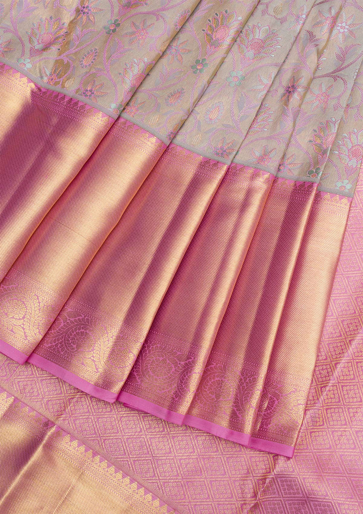 Light Grey Gold Zariwork Pure Silk Saree - Koskii