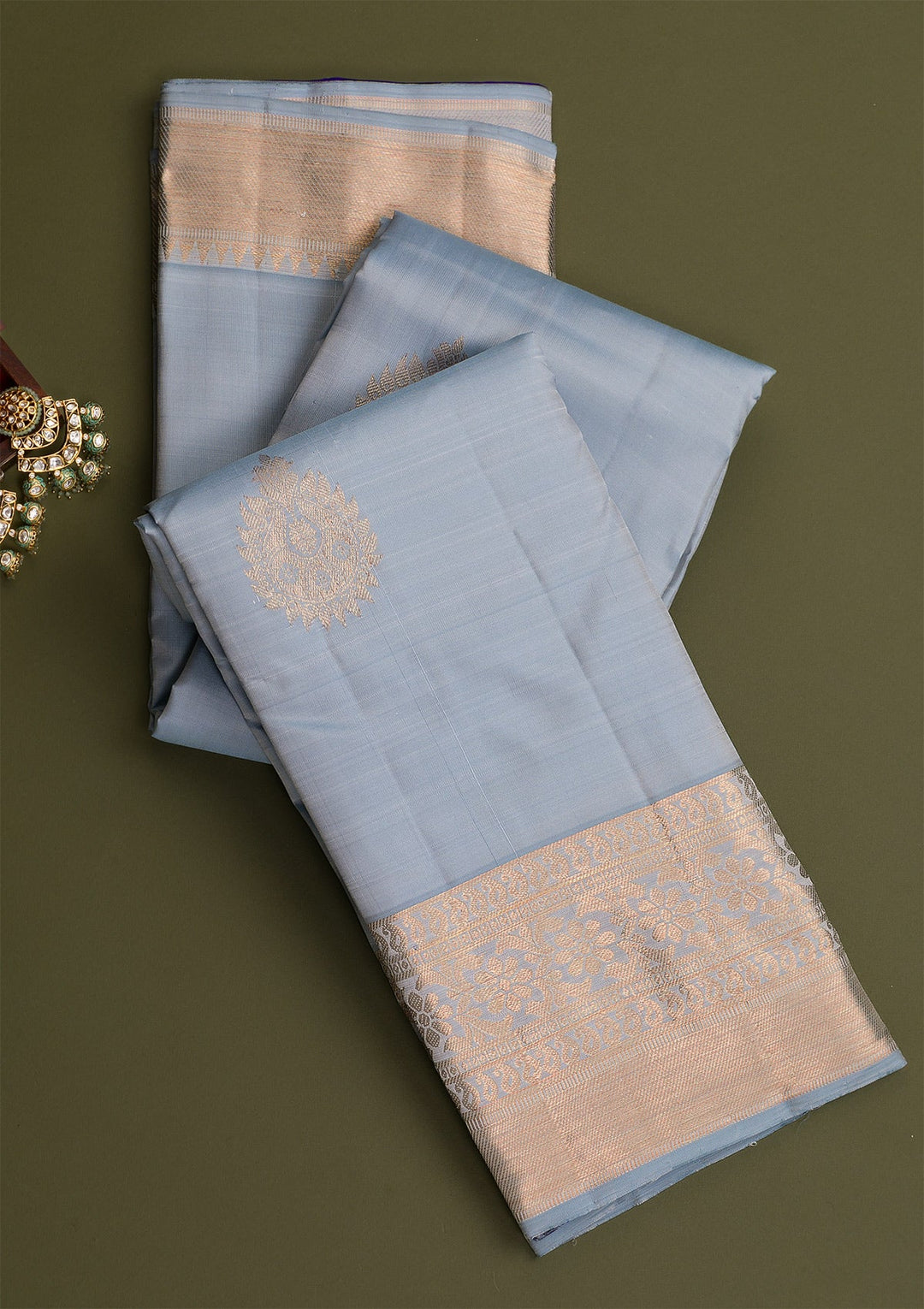 Light Grey Gold Zariwork Pure Silk Saree - Koskii