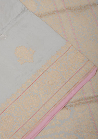 Light Grey Zariwork Pure Silk Saree-Koskii