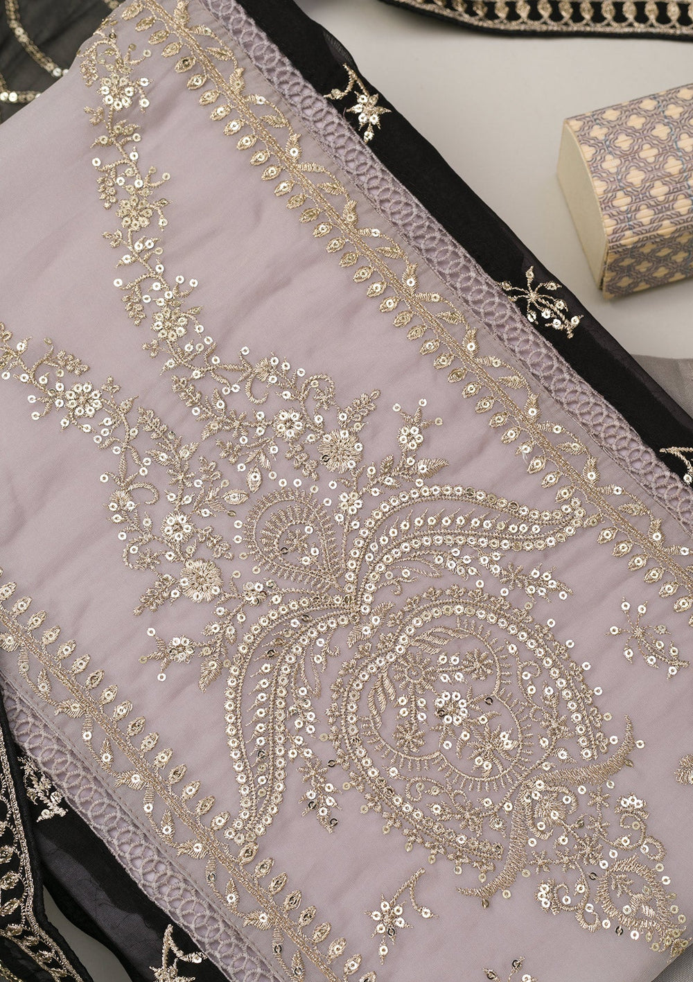 Light Grey Zariwork Tissue Unstitched Salwar Suit-Koskii