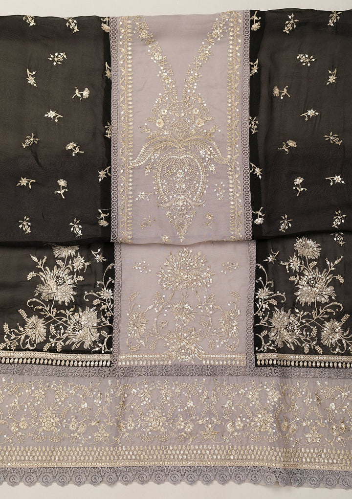 Light Grey Zariwork Tissue Unstitched Salwar Suit-Koskii