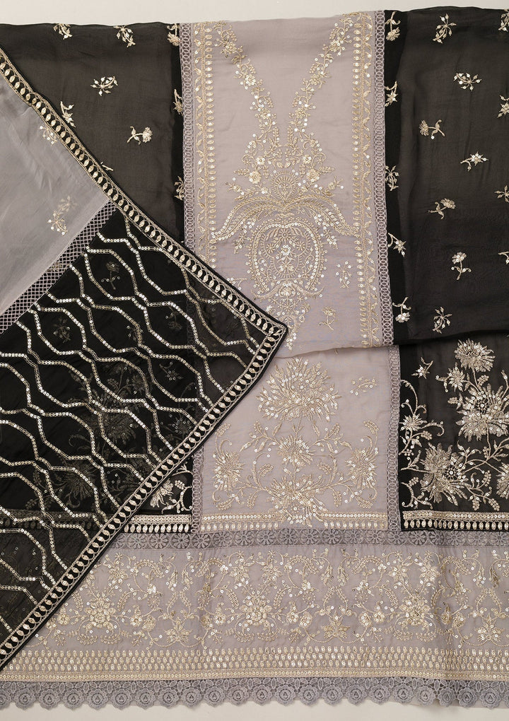 Light Grey Zariwork Tissue Unstitched Salwar Suit-Koskii