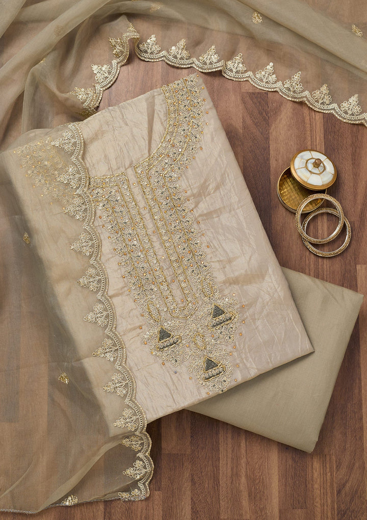 Light Grey Zariwork Tissue Unstitched Salwar Suit-Koskii