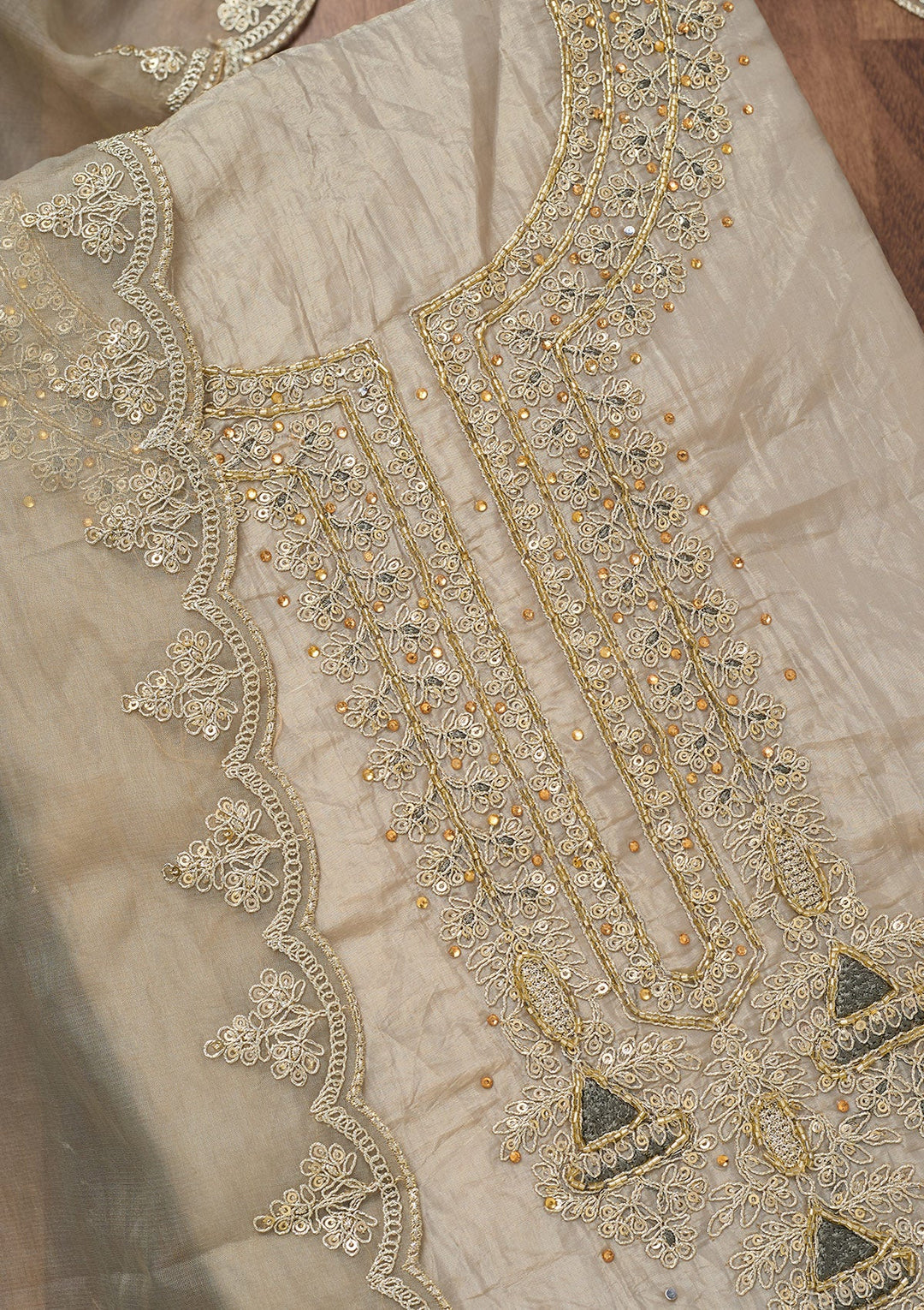 Light Grey Zariwork Tissue Unstitched Salwar Suit-Koskii