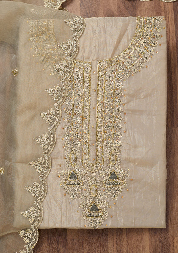 Light Grey Zariwork Tissue Unstitched Salwar Suit-Koskii