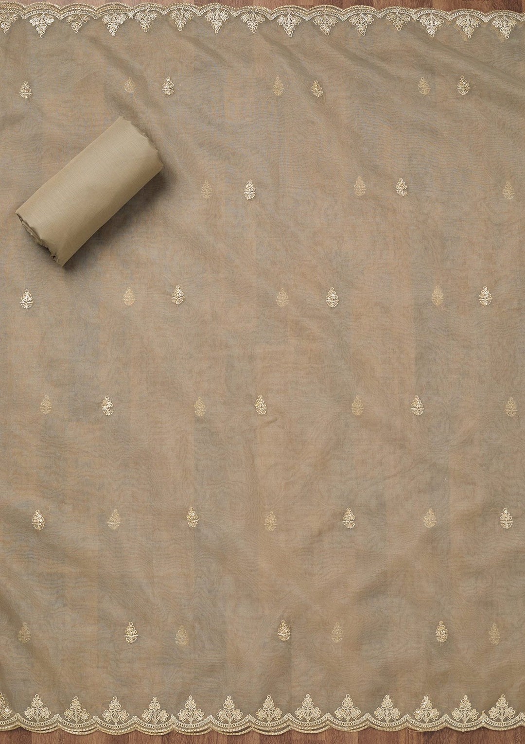 Light Grey Zariwork Tissue Unstitched Salwar Suit-Koskii