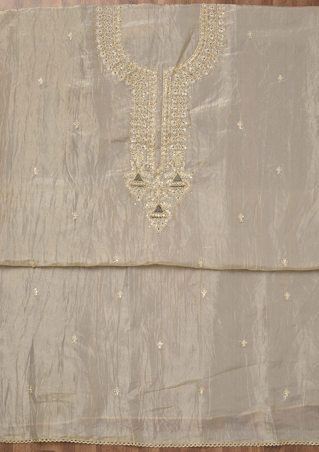 Light Grey Zariwork Tissue Unstitched Salwar Suit-Koskii