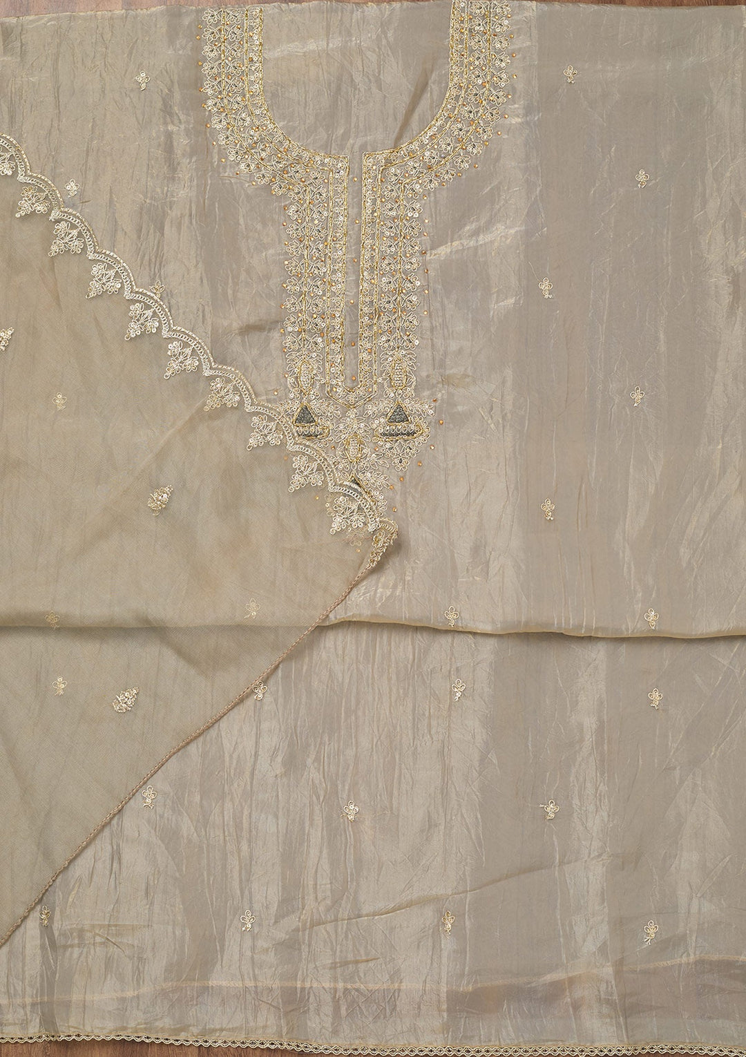 Light Grey Zariwork Tissue Unstitched Salwar Suit-Koskii